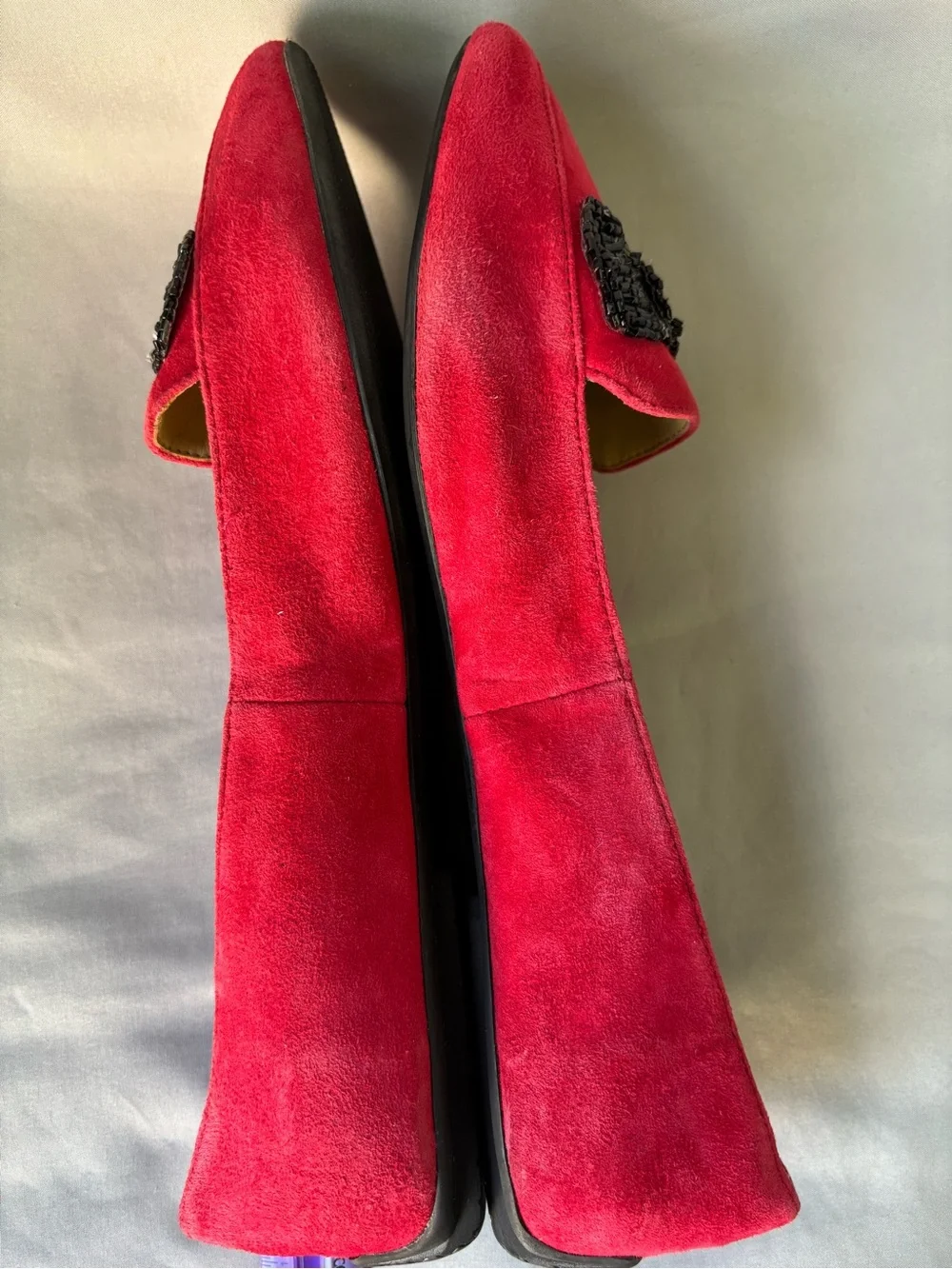 Talbots Bright Red Suede Pointed Loafers with Black Beaded Bow Size 10.5